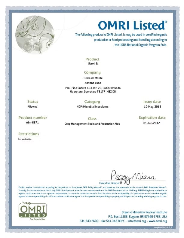 ReviB obtiene certificado orgánico OMRI. ReviB is OMRI listed