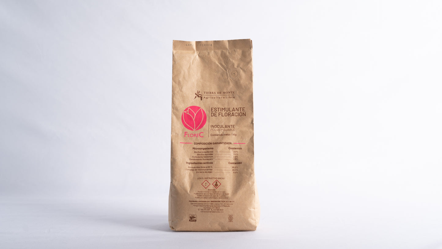 Empaque del bioinsumo FloreC de Tierra de Monte.